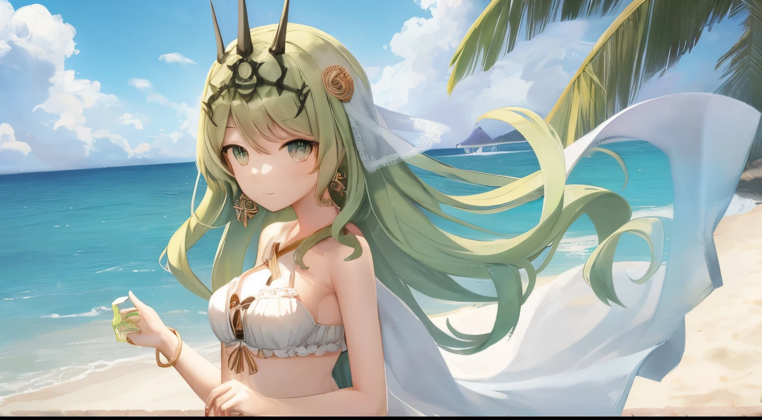 solo, 1girl, highres, green eyes, green hair, small breasts, looking at viewer, jewelry, crown, earring, lace, sundress, shawl, outdoor, beachside