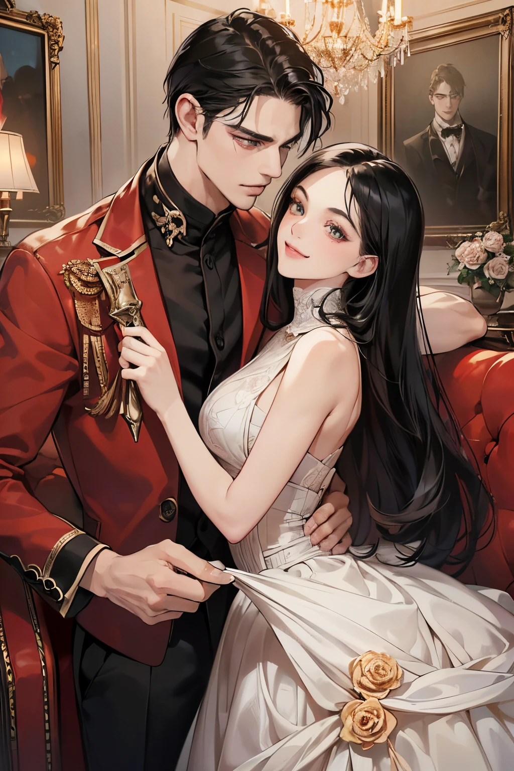 (masutepiece, Digital Art, Digital Illustration, 4K, 8K, Ultra-detailed, beautiful image, Sharp Image, Photorealistic, Raw photo, Perfect face, Perfect lines, Perfect eyes, Soft lighting) 1 woman, (Long Black Hair,straight haired,Bullish gaze,Beautie,ellegance,Mode system,Onepiece、Solid makeup,23 y-o woman,small tits:1.3),Two handsome men in suits, (ember,Men in suits,well-muscled,Firm shoulder width,Adult male,Boyish hairstyle,English gentlemanly style,Man in his 30s with a cool expression,28-year-old man with bright smile:1.2),Antique furnishings,Antique Clamps,Antique chair,chandeliers,Crystal Glass,Luxury,fantastical light,Marble fireplace,(embarrassed from,Shy smile,holding a red rose:1.2),Antique sofa,Leather sofa,the kiss、kiss、a couple、couple kissing、Romance、doress、single people