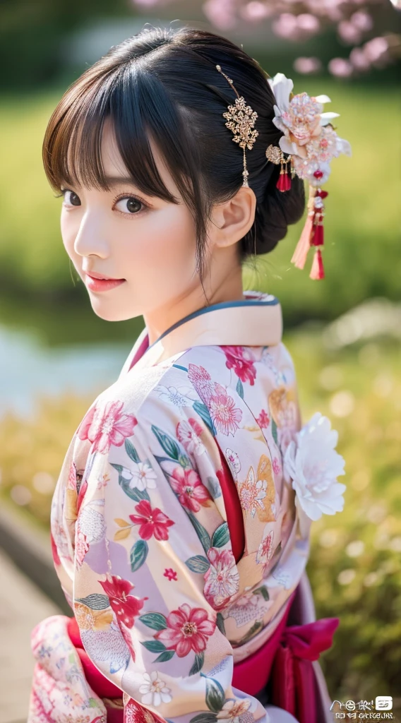 Best Quality, masutepiece, 超A high resolution, (Photorealistic:1.4), Raw photo, 1womanl, Kimono beauty with a crane pattern, gros-plan, Looking at Viewer, castle town, Upstyle, Hair Ornament,Beautiful photos,is beautiful,fullbody image,