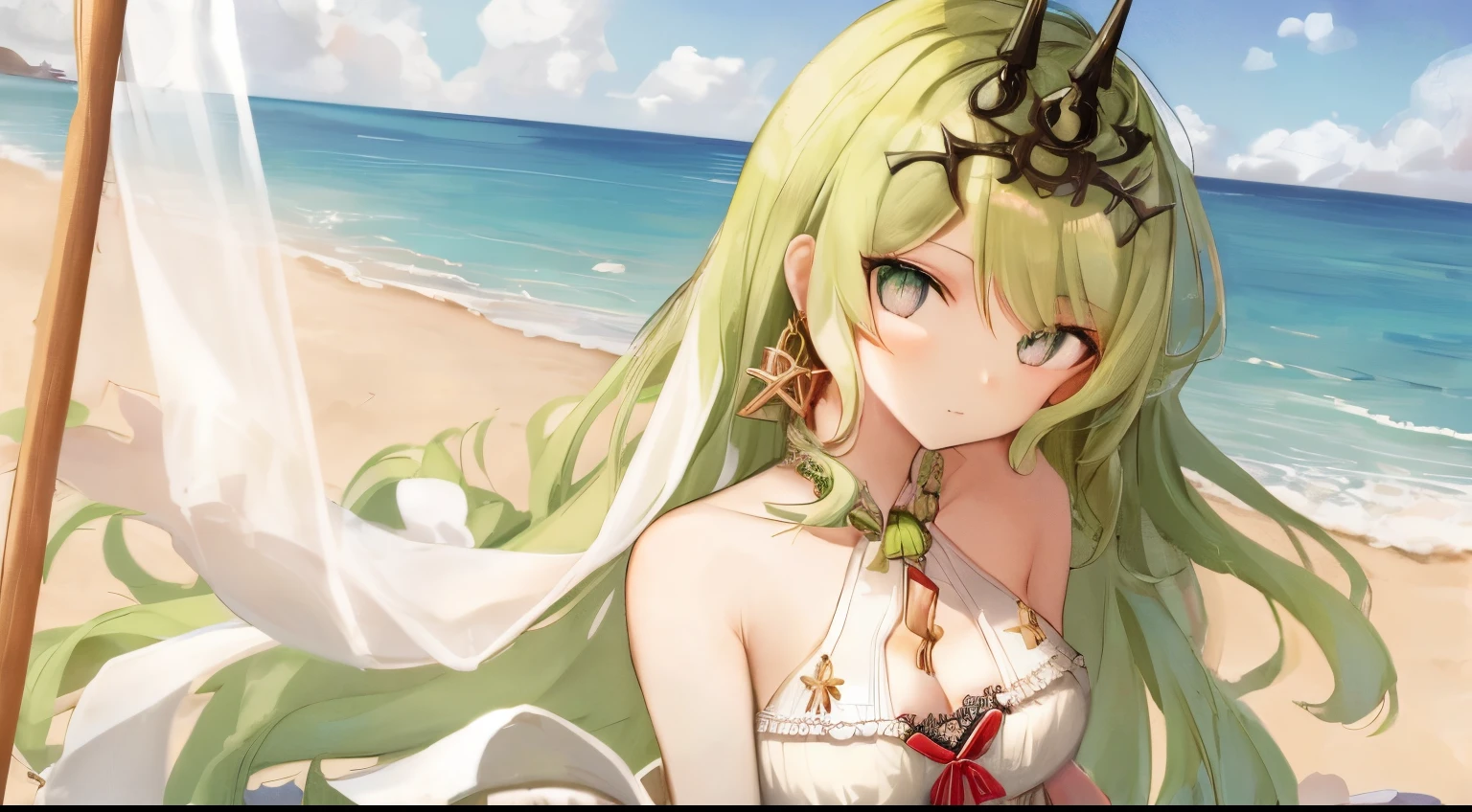 solo, 1girl, highres, green eyes, green hair, small breasts, looking at viewer, jewelry, crown, earring, lace, sundress, shawl, outdoor, beachside --seed 2792853060 --sameseed 2792853060