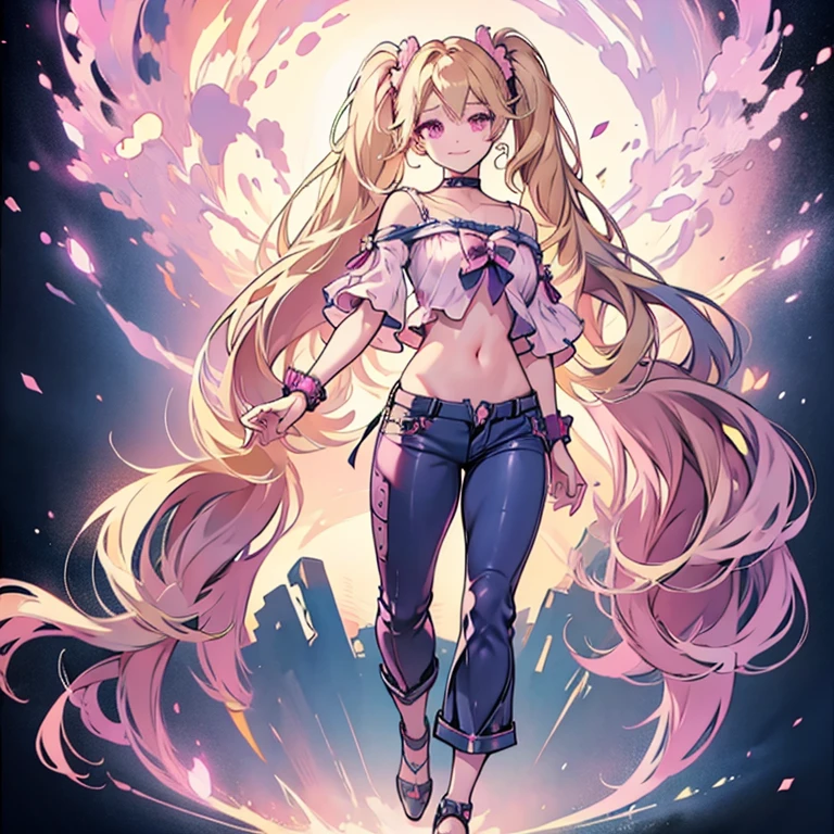 Blonde twintails Pink eyes Full body Standing Shining eyes Smile Choker Navel exposed Pants Heels