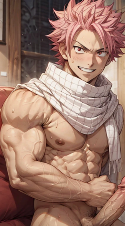 masterpiece, best quality red eyes, game cg, 1boy, adult male solo, male focus, looking at viewer smiling widely, upper body, Natsu Dragneel natsu_dragneel, pink hair, red eyes, shirtless ((naked)), toned muscle, pectorals, 8 abs, toned legs, naked, slightly bulged, in living room on sofa, detailed, spotlight, well lit, ((white scarf:1.1 )) ((penis:1.2))