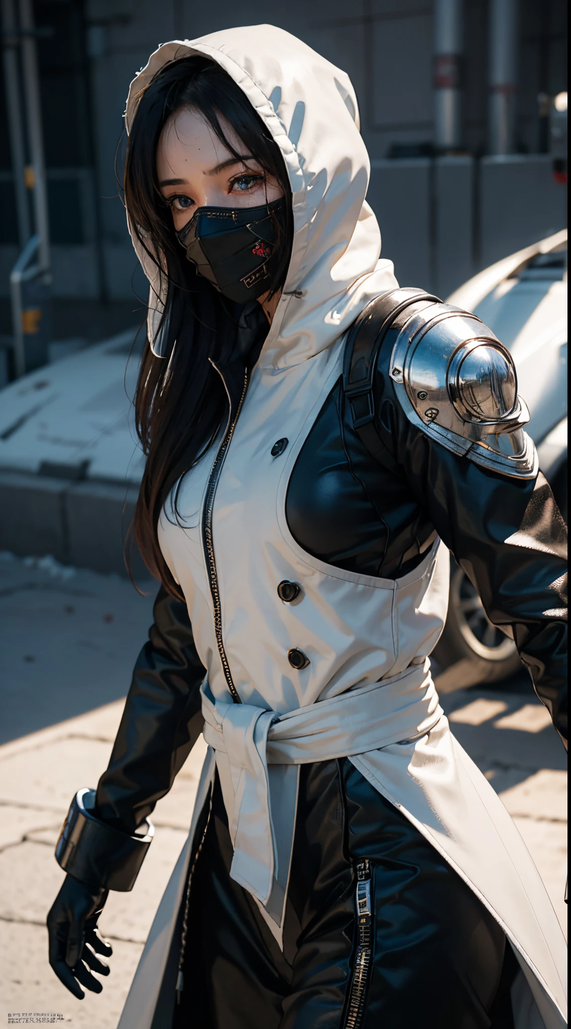 (tmasterpiece, beste-Qualit, (extremely detailed CG unit 8k wallpaper), (beste-Qualit), (Best illustration), (best shade), )) , Noob Saibot cosplay , Woman 20 years old , with a white coat , white hood , black ninja style clothes, mechanical arms, ((sexypose, sexually dressed)), 8K, (skin texture:1.1), (Sweaty Body 1.1), (Skin Shine 1.1), (highly detail face:1.1), High detail of the body, highly detailed clothes, (Masterpiece), (Realistic), extra high resolution, 8K, extra high resolution, Film grain, Cinematic lighting, rim lighting, photo by Arnie Freytag