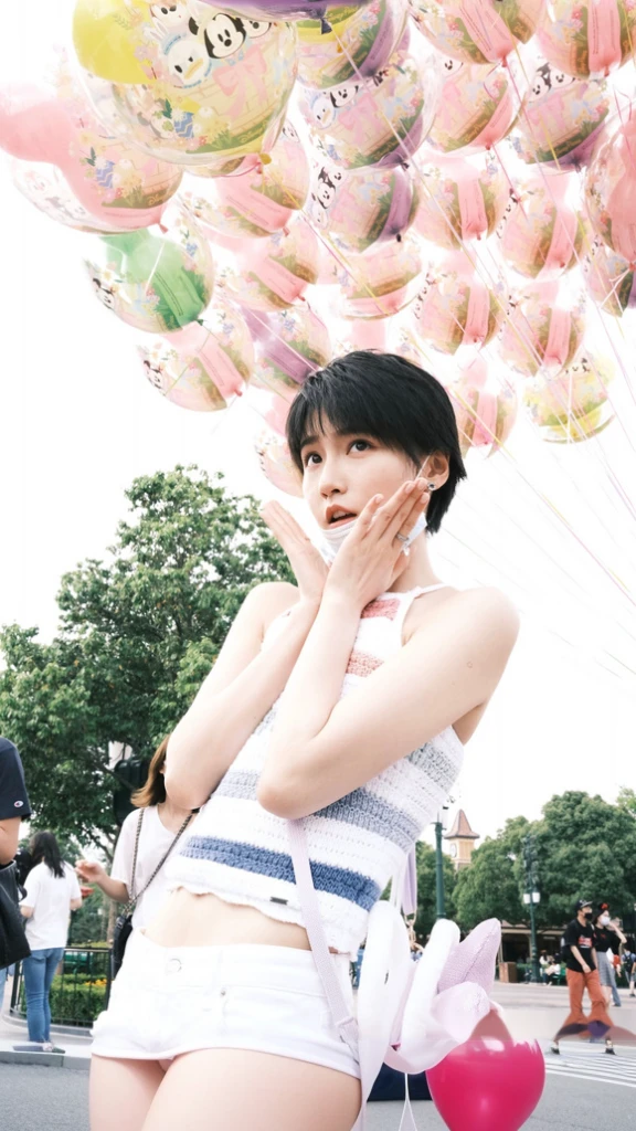 There was a woman holding a bunch of balloons, 🚿🗝📝, chiho, as a balloon, [ floating ]!!, short detailed hair, perfume, Kotekawa Yui, balloons, ulzzangs, soap bubble mind, sha xi, Black-haired Ishidaho, Motto Cave, balloons
