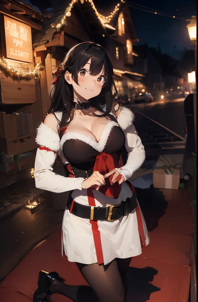 ultra-quality, ultla highres, Hyper Detailed, High contrast, Ultrafine Strike, creative refinement,A dark-haired,ssmile,Santa Claus Costume,Show cleavage,livingroom,5 fingers