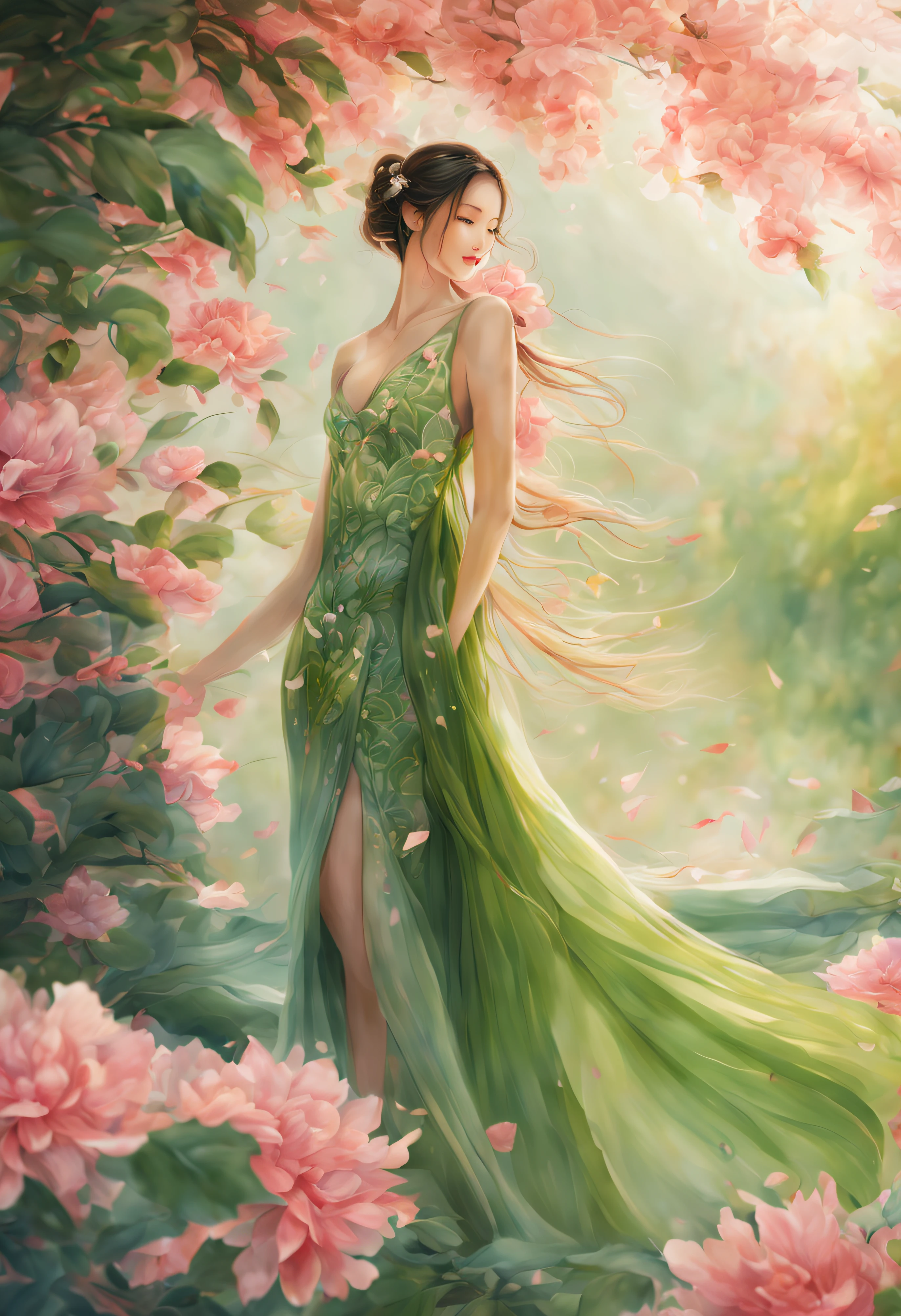 meilleur qualité, ultra-détaillée, couleurs vives, Bokeh, Beaux yeux verts détaillés, belles lèvres roses détaillées, Vêtement: élégante robe verte coupée en forme de feuille, couronne de fleurs. Flore, nature, plantes, Verdure, éthéré, magique, rougeoyant, fantasque, fée, éléments botaniques, Des vignes qui coulent, Fleurs en fleurs, jardin luxuriant, la lumière du soleil filtrant à travers les feuilles, pétales délicats, Détails complexees, doux et rêveur, enchanteur, féminin, Un éclairage mystérieux, couleurs vives, surréaliste, fantaisie, aspect surnaturel, nymphe, cheveux longs et fluides aux reflets verts, caractéristiques délicates, Beauté naturelle, Sourire radieux, souffle, Ambiance chaleureuse et accueillante. Peinture traditionnelle chinoise, Peinture à l’encre, Peinture à l’encre, Style de peinture chinoise.