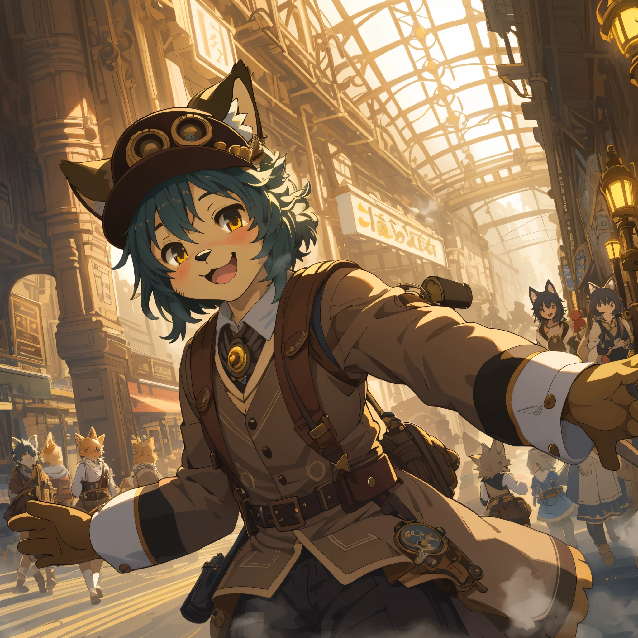 cover_page, highres, top quality, best quality, paid reward available, High-quality illustrations, unparalleled masterpiece, perfect artwork, absurdres, super high resolution, detailed background, Steam punk, Beautiful World Heritage, 6+boys, 6+girls, Happy, joyful(Photos of solo travelers)(kemono, furry anthro)cinematic lighting, dynamic angle,