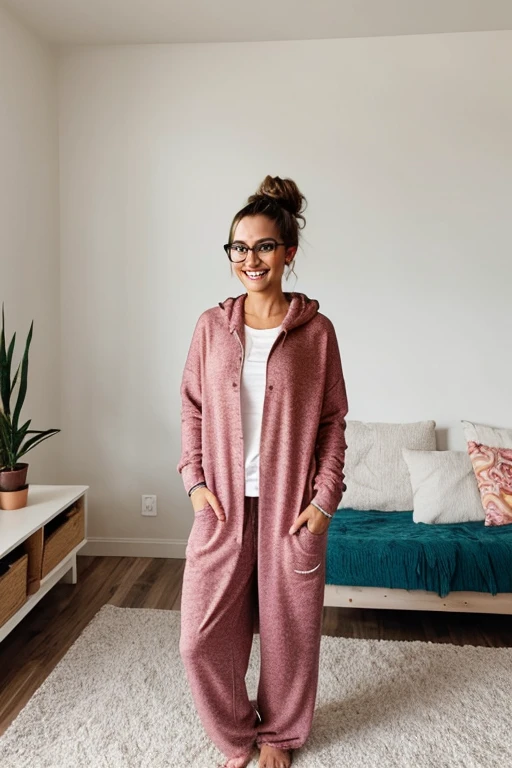 A cute happy barefoot woman with hair in a messy bun and glasses, facial freckles, toenail polish, , standing, wearing an oversized hodie and sweatpants