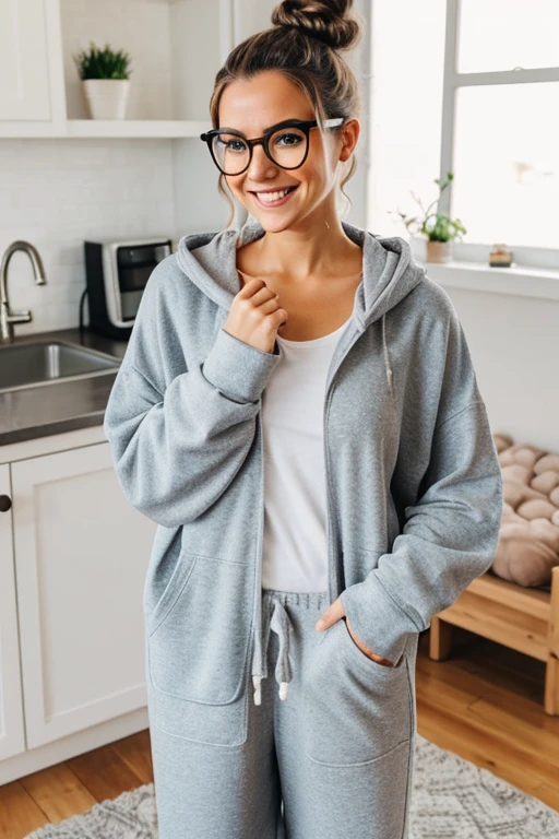 A cute happy barefoot woman with  hair in a messy bun and glasses, facial freckles, toenail polish, , standing, wearing an oversized hodie and sweatpants