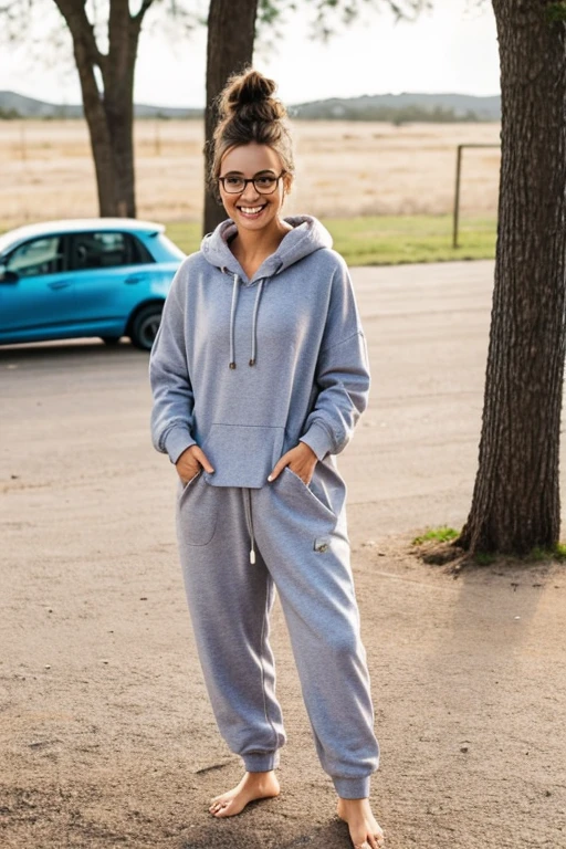 A cute happy barefoot woman with  hair in a messy bun and glasses, facial freckles, toenail polish, , standing, wearing an oversized hodie and sweatpants
