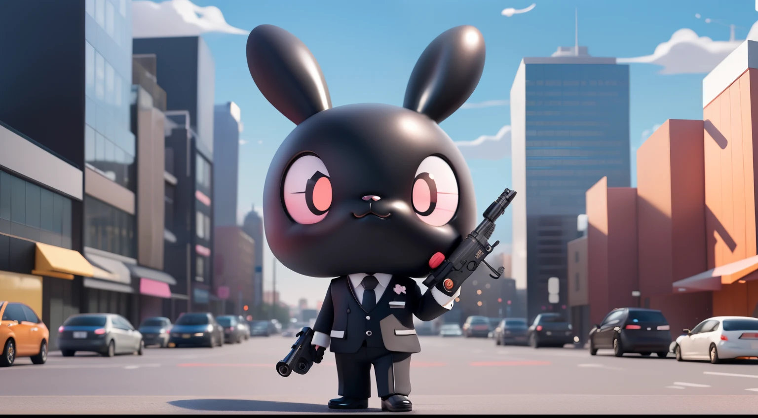 (masutepiece),(Best Quality),(Ultra-detailed), (Full body: 1.2), Chibi,Cute,(city), Fortnite、black rabbit face human ,protruding tooth、Cartoon black rabbit wearing a suit and tie ,(He has a sophisticated gun in his right hand.),