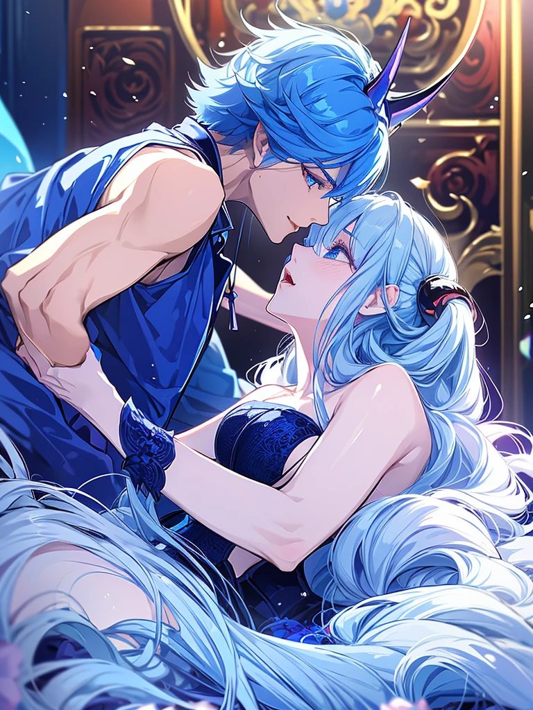 demon king and demon queen couple.demon king wears blue demon outfit,has blue horns,long blue hair,blue eyes.demon queen has long blue hair,blue eyes,demon queen outfit.demon palace,absurdres,ultrasharp,high res,8k,masterpiece.they are kissing