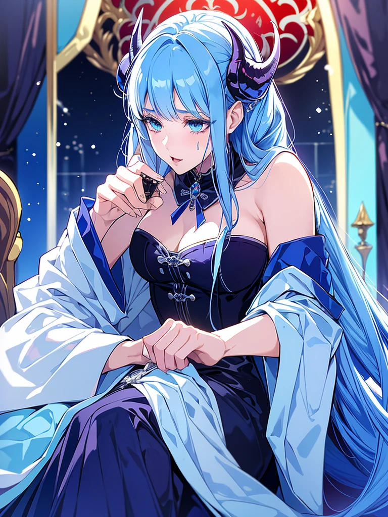 demon king and demon queen couple.demon king wears blue demon outfit,has blue horns,long blue hair,blue eyes.demon queen has long blue hair,blue eyes,demon queen outfit.demon palace,absurdres,ultrasharp,high res,8k,masterpiece.they are kissing