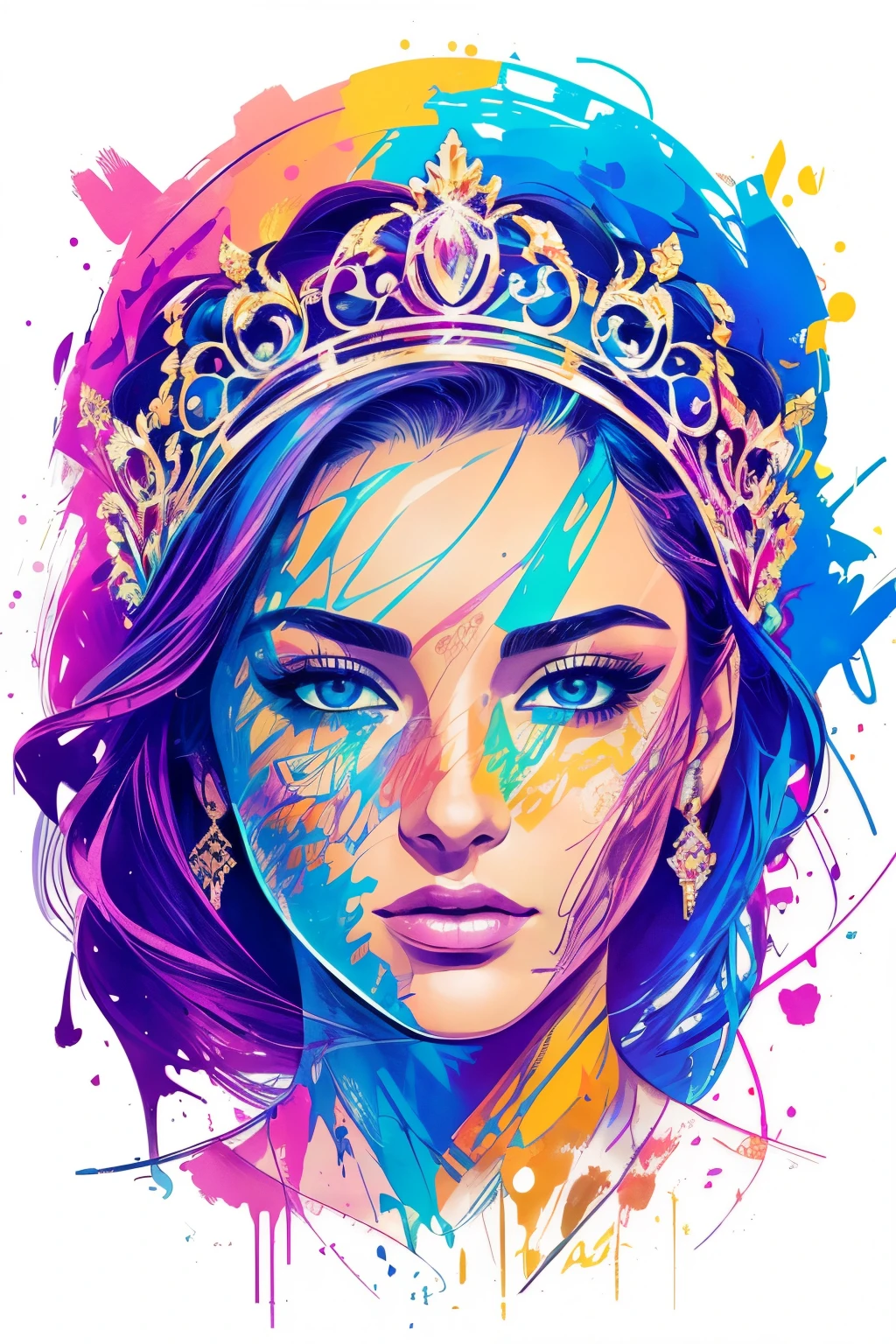 Highly detailed, High Quality, Masterpiece, beautiful, FISideRight, 1girl, solo, ((best quality)), ((masterpiece)), (detailed), perfect face, abstract beauty, Create a digital art work in pop art style, luxury elegance bold with hint of feminine, happy & youthful, authentic, brave, princess wearing crown, purple and gold, centered, key visual, intricate, highly detailed, breathtaking beauty, precise lineart, vibrant, comprehensive cinematic, Carne Griffiths, Conrad Roset, vector art, Colorful graffiti illustration, (the most beautiful portrait in the world:1.5)