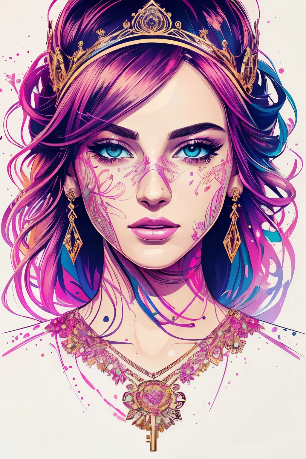 Highly detailed, High Quality, Masterpiece, beautiful, FISideRight, 1girl, solo, ((best quality)), ((masterpiece)), (detailed), perfect face, abstract beauty, Create a digital art work in pop art style, luxury elegance bold with hint of feminine, happy & youthful, authentic, brave, princess wearing crown, purple and gold, centered, key visual, intricate, highly detailed, breathtaking beauty, precise lineart, vibrant, comprehensive cinematic, Carne Griffiths, Conrad Roset, vector art, Colorful graffiti illustration, (the most beautiful portrait in the world:1.5)