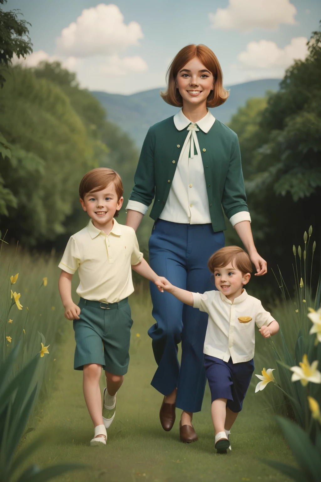 1966, Dubuque, Iowa. Pre-raphaelite scene with a country house, idilic, tall grass, lillies, irises, rill, hill, 5-year-old norwegian-irish twin boys, running around (((with their mom))), (((smile))), ((((casual boy clothing from the 1960s)))), ((straight Hairstyle of the 1960s)), (Wes Anderson cinematic style), colorful