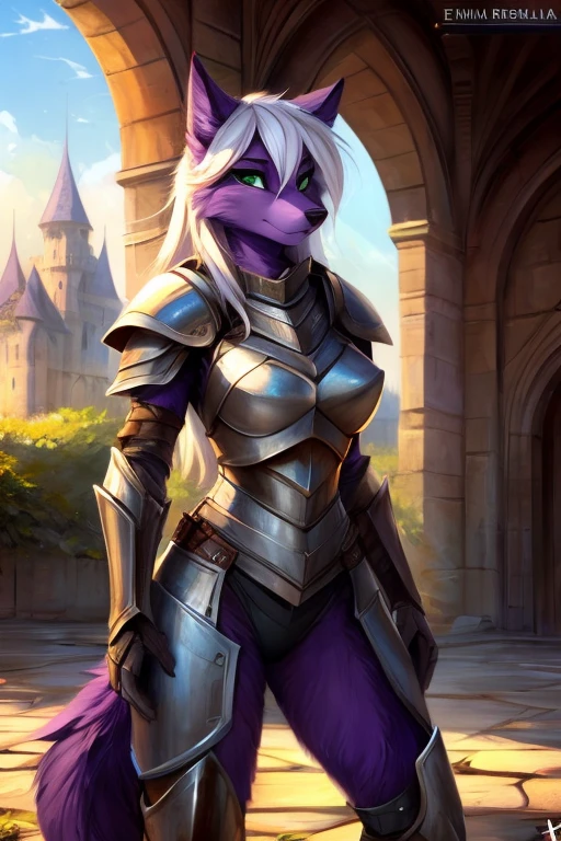 Wolf, female, high detail, UHD, high details, anatomically correct, super detail, 8k, best quality, full body, masterpiece, high detail, intricate detail, long hair, white hair, wide hips, narrow waist, standing, knight, armored, armor, helmet, standing in castle courtyard, castle, by Einshelm, (by fluffkevlar), full plate armor, plate armor, face armor, ((purple fur, purple face)), green eyes,