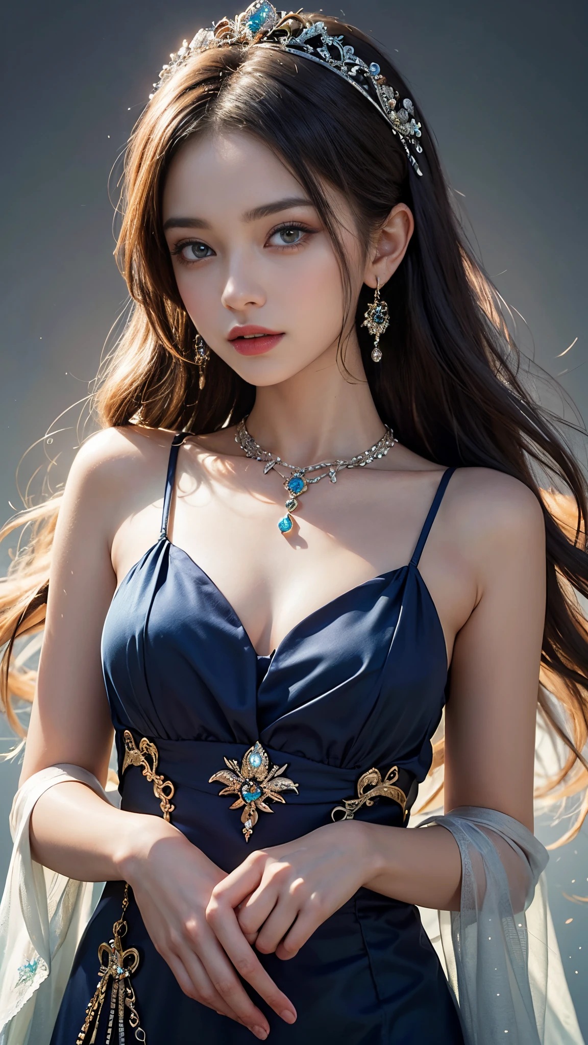 8K ultra hd, masterpiece, best quality, a beautiful girl, long hair, impressive hairstyle, royal hair jewelry, pretty cute face, flawless face, jewellery earrings, antique jewellery, details eyes, beautiful eyes, meticulous makeup, thin eyebrows, beautiful lips, medium breasts, royal dress, rainbow dress, light rainbow laces, realistic colors, magic effect, night background, look directly at the audience, attractive poses,