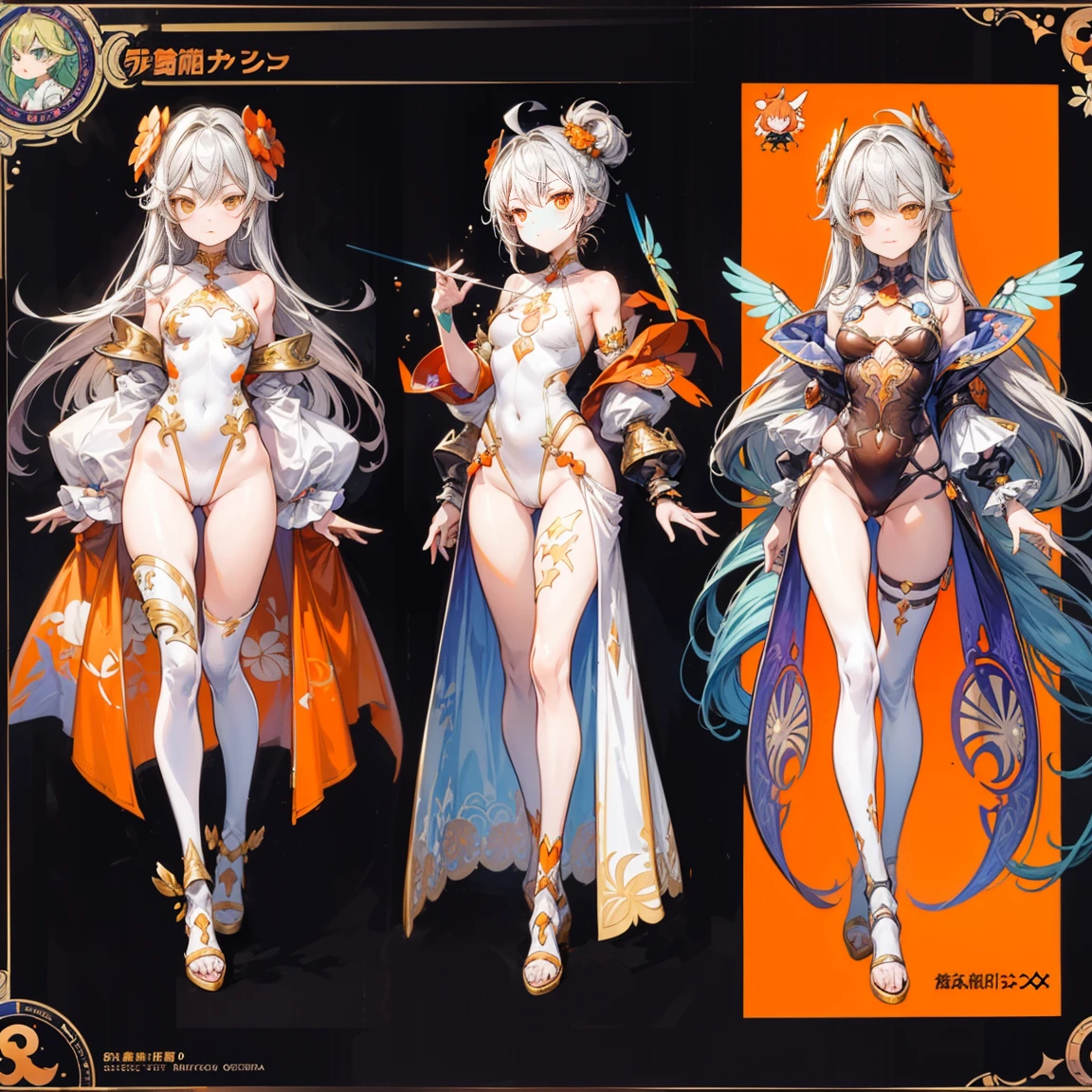 Character Sheets, Three types,Shot Full Body,Game Character Design,than a little flying moon,Girl in sunglasses and beans,Victorizo ∨TSE∨,Orange background,Stylistic expression, inspired by Alphonse Mucha, Mucha style, flat shading Flies, Abstract art, pastel colors