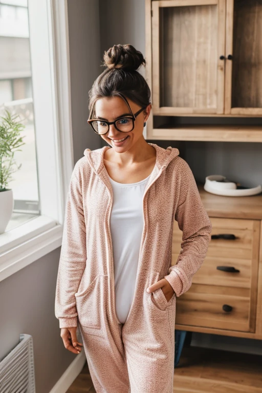 A cute happy barefoot woman with hair in a messy bun and glasses, facial freckles, toenail polish, , standing, wearing an onesie