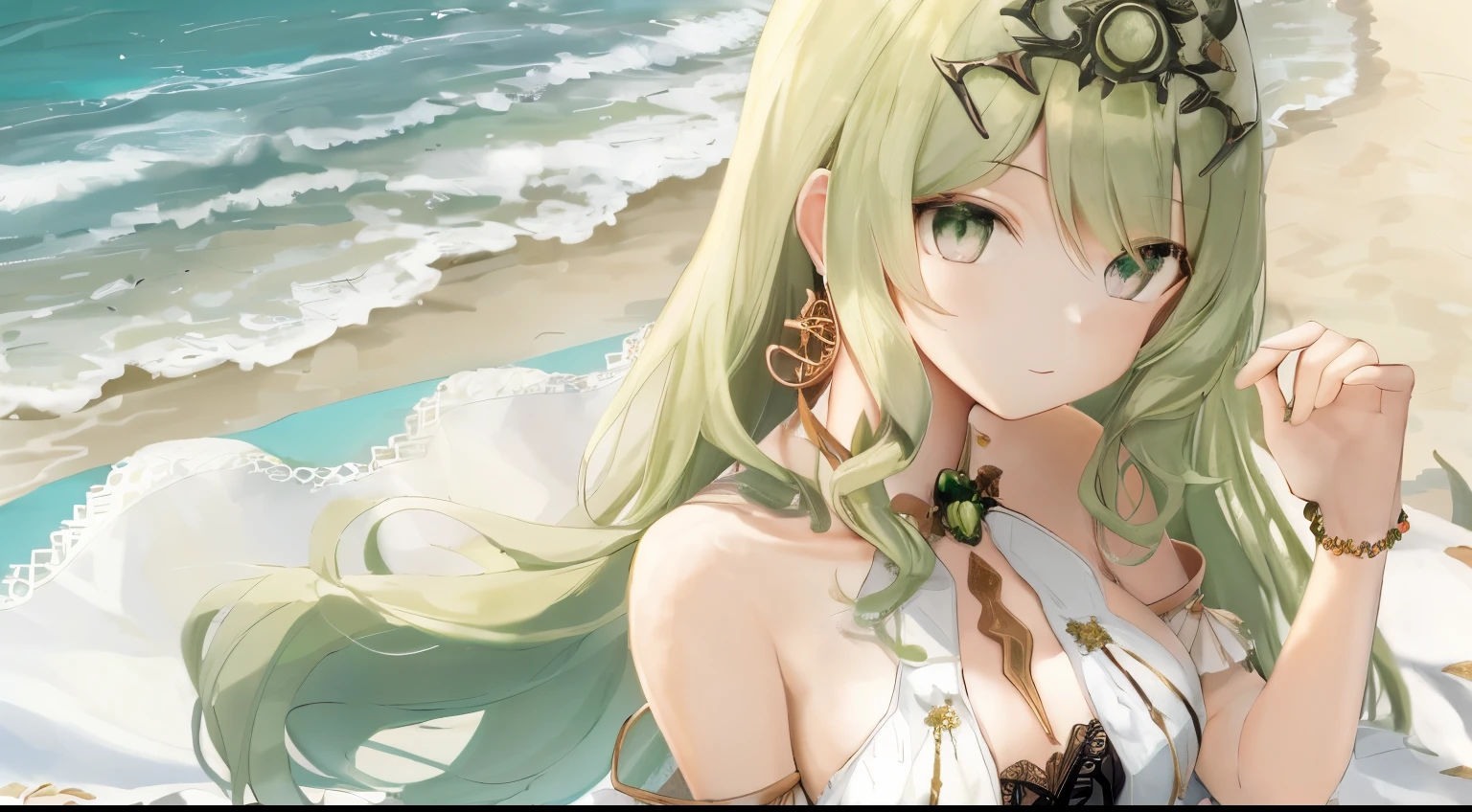 solo, 1girl, highres, green eyes, green hair, small breasts, looking at viewer, jewelry, crown, earring, lace, sundress, shawl, outdoor, beachside --seed 2792853060 --sameseed 2792853060