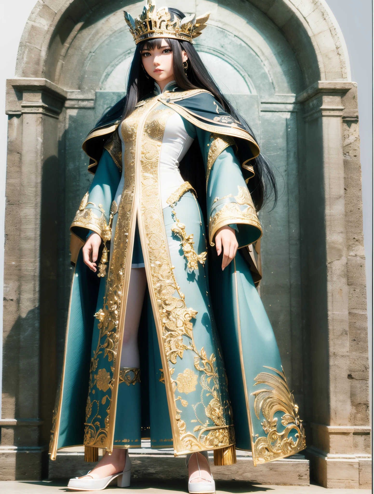 vietnamese king flat 3d、(((real 3D))) (Best Quality), (masutepiece)、long hair、Standing、A detailed face, full body shot, beautiful face eyes lips, hyper detailed Aqua grey green eyes, ((( solid white background))), character sheet, different angles --auto --s2