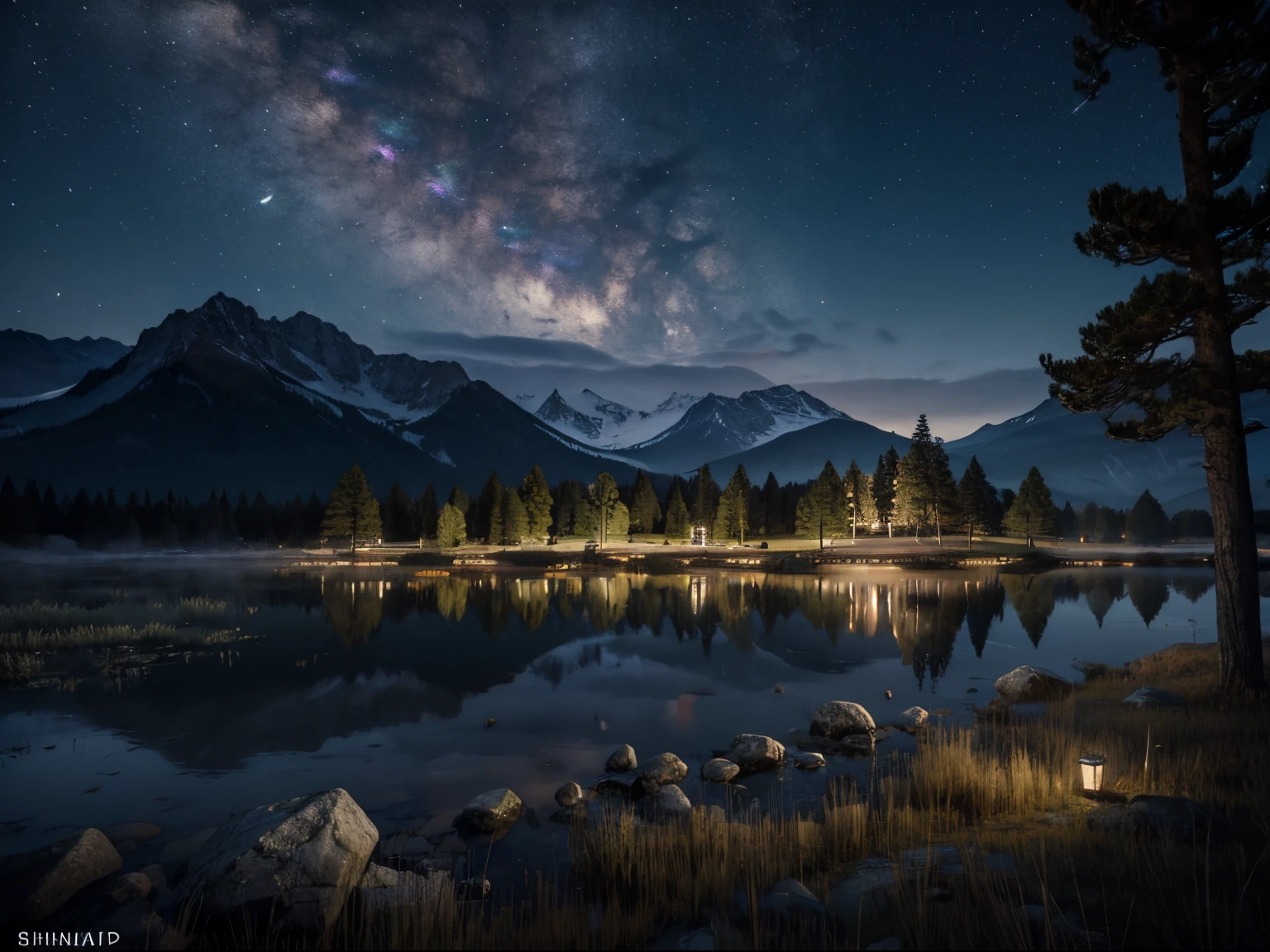 wide angle, landscape, 4k ultra-detailed, best quality, cinematic shot, masterpiece:1.3, sharp focus:1.5, photorealistic:1.3, other world, mystical atmosphere, low exposure, starry night, serene view, breathtaking nature, distant mountains, moonlit sky, tranquil setting, cool breeze, ethereal beauty, (peaceful night ambience), windy grass hill