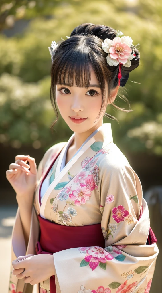 Best Quality, masutepiece, 超A high resolution, (Photorealistic:1.4), Raw photo, One bewitching woman, Kimono beauty with a crane pattern, gros-plan, Looking at Viewer, castle town, Upstyle, Hair Ornament,Beautiful photos,is beautiful,fullbody image,