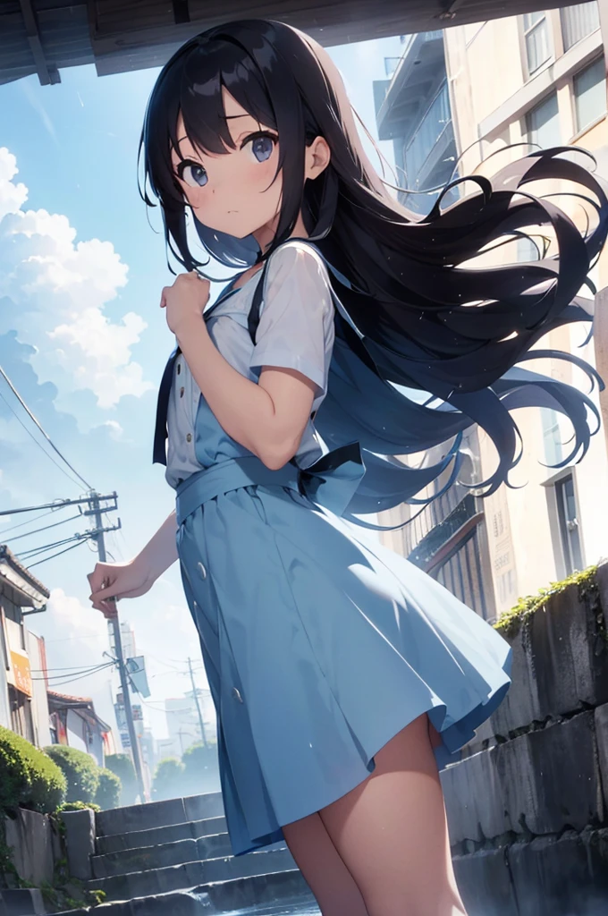 Black eyes、one girls、Light blue dress、flat chest:1.5、Flipping skirt、rainy day