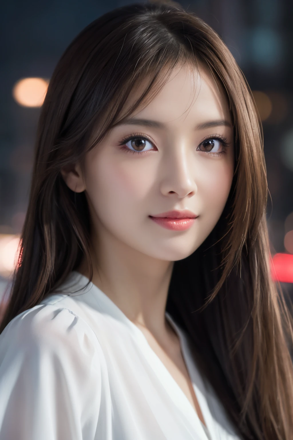 1girl in, Wearing a blouse, Raw photo, Best Quality, Realistic, Photorealsitic, masutepiece, extremely delicate and beautiful, Extremely detailed, 8k wallpaper, (Look at viewers), amazing, finely detail, ultra-detailliert, hight resolution, Soft light, Beautiful detailed girl, extremely detailed eye and face, beautiful detailed nose, Beautiful and detailed eyes, Cinematic lighting, city light at night,Perfect Anatomy, Slender body, Smiling, length hair, Wavy Hair