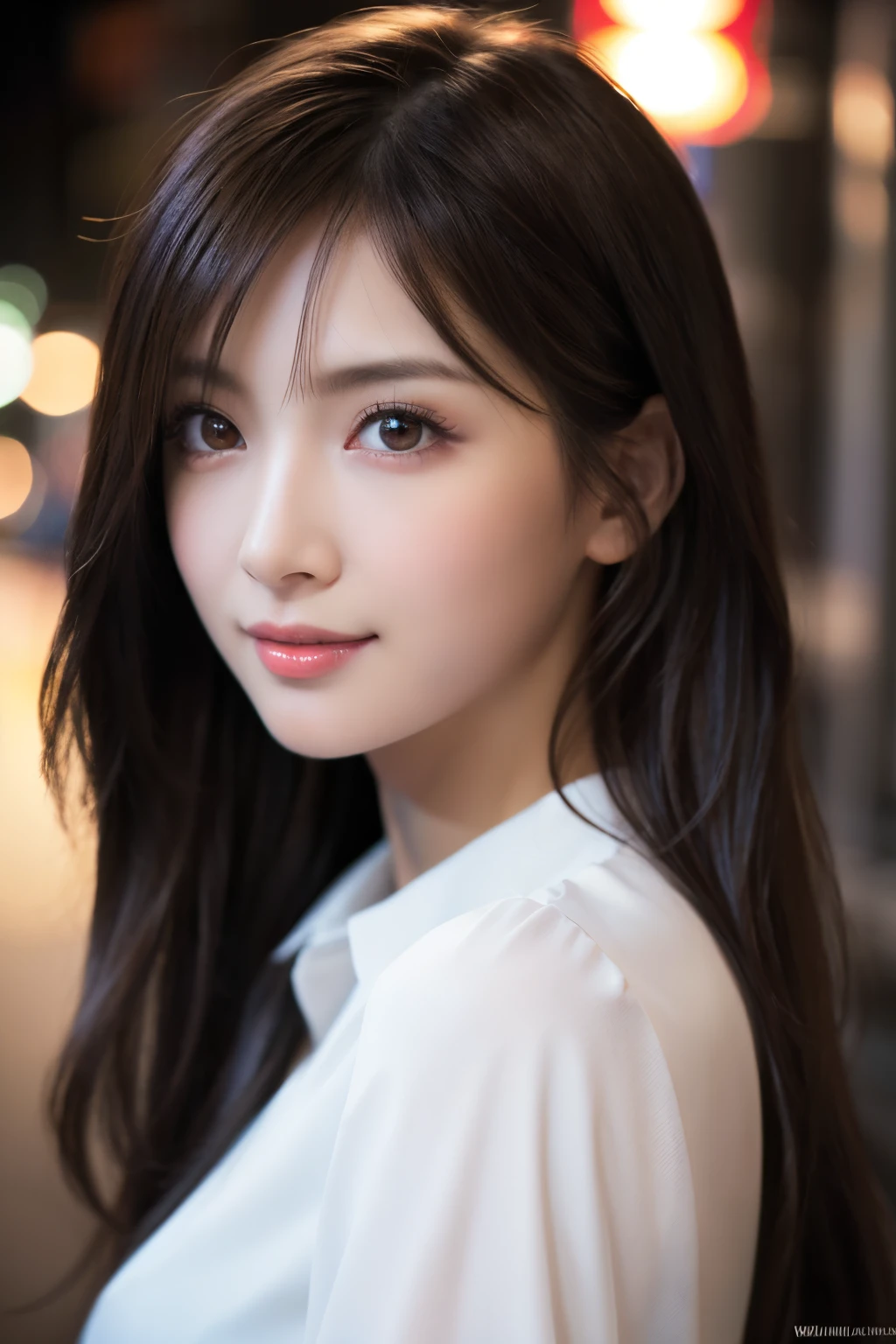 1girl in, Wearing a blouse, Raw photo, Best Quality, Realistic, Photorealsitic, masutepiece, extremely delicate and beautiful, Extremely detailed, 8k wallpaper, (Look at viewers), amazing, finely detail, ultra-detailliert, hight resolution, Soft light, Beautiful detailed girl, extremely detailed eye and face, beautiful detailed nose, Beautiful and detailed eyes, Cinematic lighting, city light at night,Perfect Anatomy, Slender body, Smiling, length hair, Wavy Hair