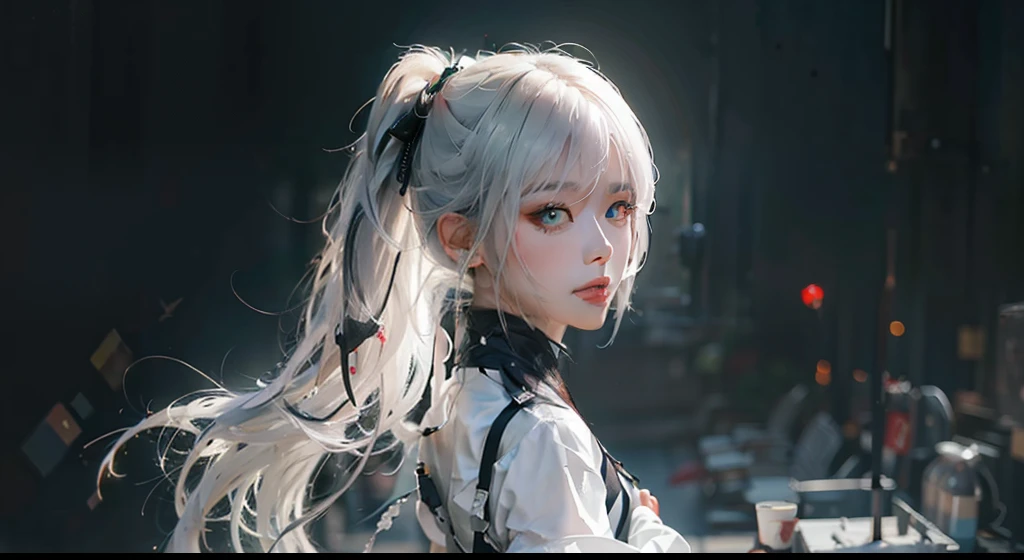 1 girl,The beautiful, tmasterpiece, Best quality, white backgrounid,Kazuya Takahashi, concept-art, white color hair,the detail