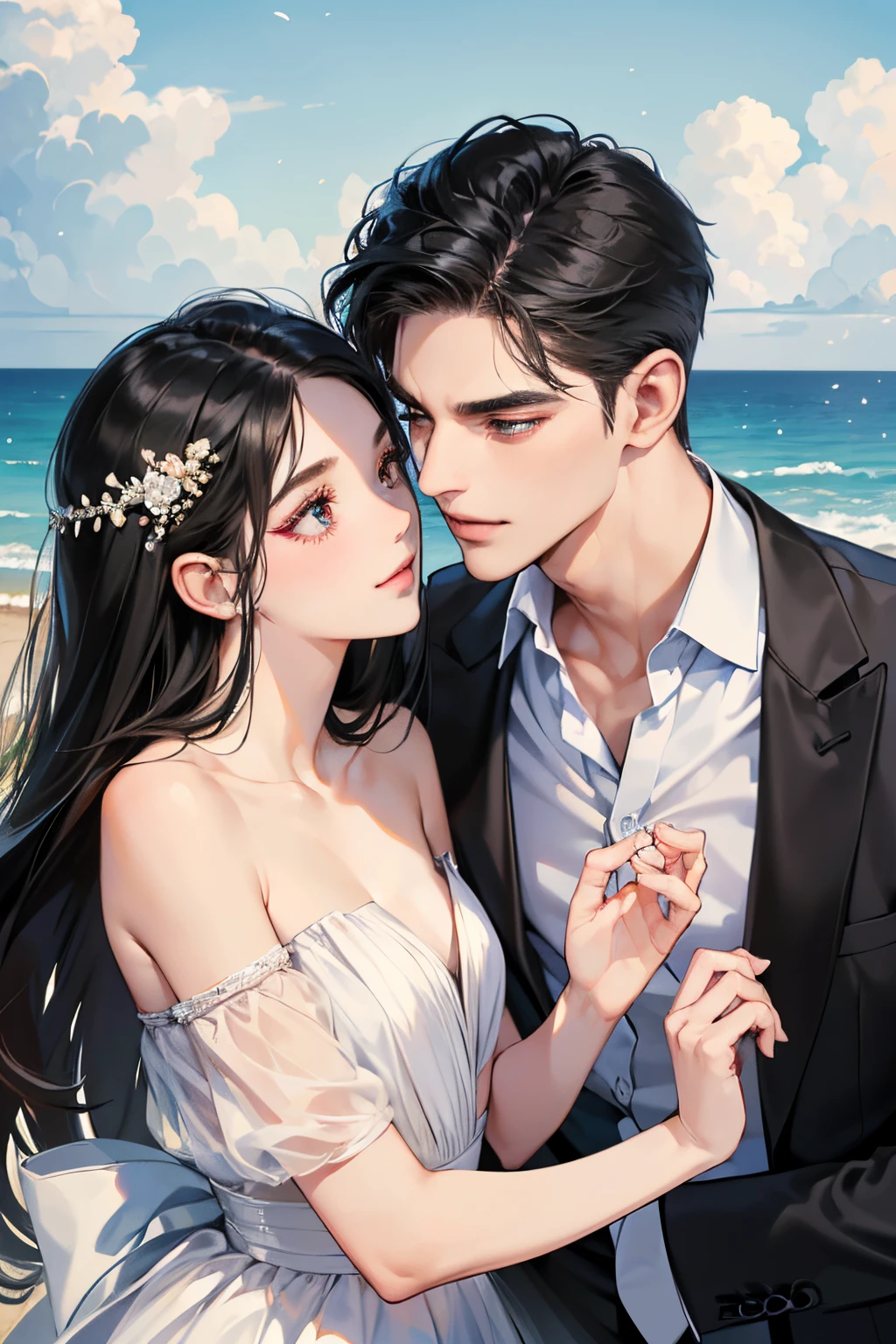 (masutepiece, Digital Art, Digital Illustration, 4K, 8K, Ultra-detailed, beautiful image, Sharp Image, Photorealistic, Raw photo, Perfect face, Perfect lines, Perfect eyes, Soft lighting) ,1 woman, (Long Black Hair,straight haired,Bullish gaze,Beautie,ellegance,Solid makeup,23 y-o woman,small tits:1.3),two handsome men in suits, (ember,well-muscled,Firm shoulder width,Adult male,Boyish hairstyle,English gentlemanly style,Man in his 30s with a cool expression,28-year-old man with bright smile:1.2),Show white teeth and smile(embarrassed from,Shy smile:1.1),shores,Beach,beach wedding、innocent smiles,Laugh、couple kissing、kiss、the kiss、Romance、weddingdress、wedding、seaside chapel