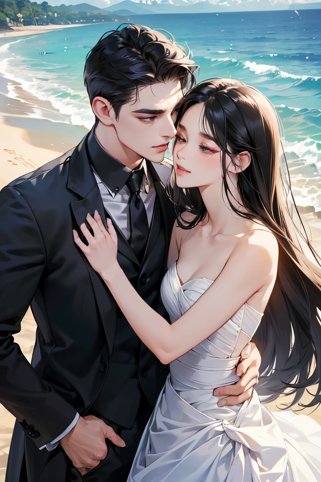 (masutepiece, Digital Art, Digital Illustration, 4K, 8K, Ultra-detailed, beautiful image, Sharp Image, Photorealistic, Raw photo, Perfect face, Perfect lines, Perfect eyes, Soft lighting) ,1 woman, (Long Black Hair,straight haired,Bullish gaze,Beautie,ellegance,Solid makeup,23 y-o woman,small tits:1.3),two handsome men in suits, (ember,well-muscled,Firm shoulder width,Adult male,Boyish hairstyle,English gentlemanly style,Man in his 30s with a cool expression,28-year-old man with bright smile:1.2),Show white teeth and smile(embarrassed from,Shy smile:1.1),shores,Beach,beach wedding、innocent smiles,Laugh、couple kissing、kiss、the kiss、Romance、weddingdress、wedding、seaside chapel