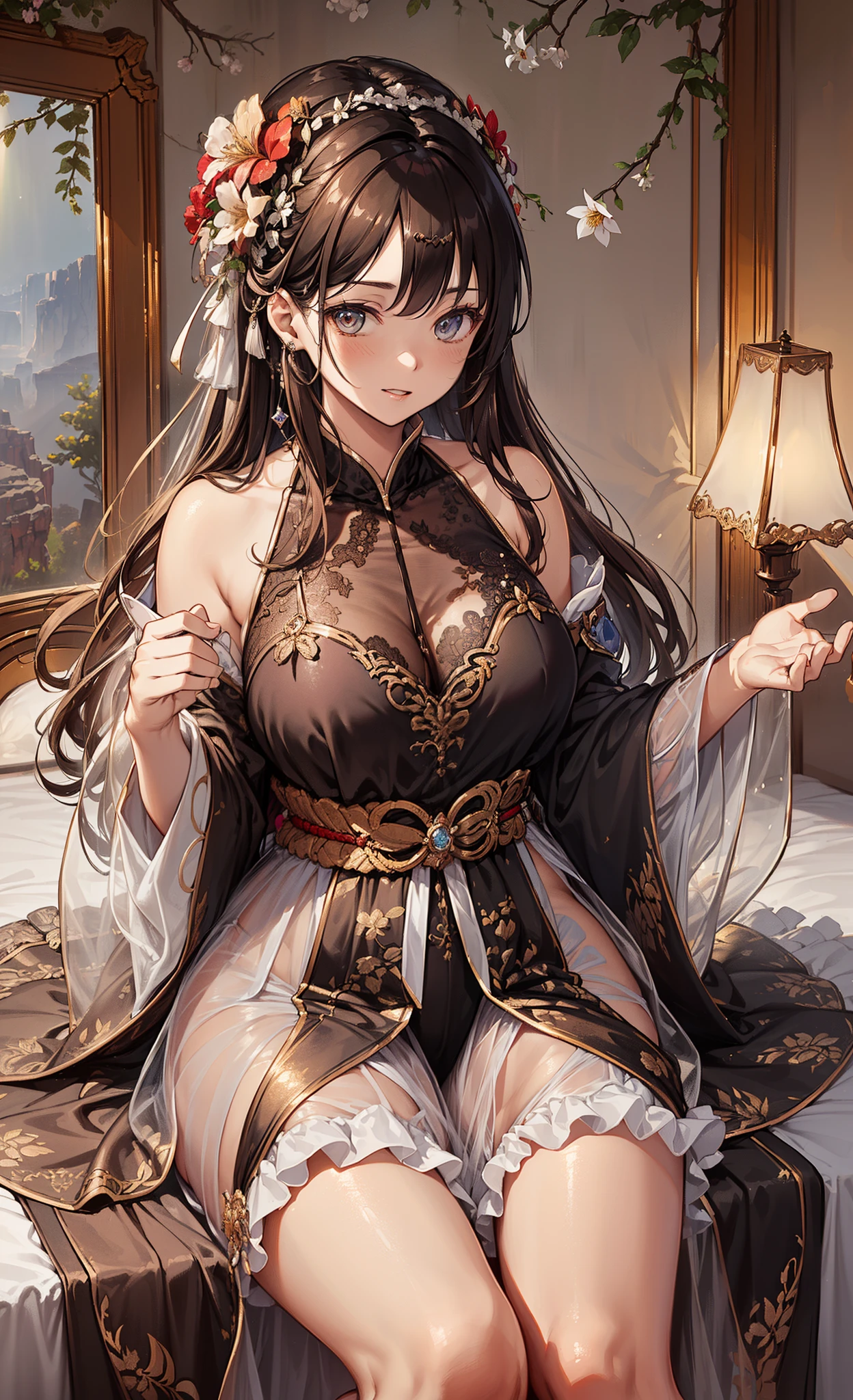top-quality、Top image quality、tmasterpiece、girl vs.....((Sixteen years old、plump girl、obsessed、Girl's face、having fun、tempting pose、charming body、Grand canyon、Beautifully designed Hanfu, Brown hair,Very long hair,hairflower, exposed bare shoulders, Wide sleeves, longer sleeves,sheer transparent clothes、Thin lips)),high high quality、beautiful art、Background with(Luxury hotel bedroom,natta,lamplight))、visual art、depth of fields、Diamonds adorn clothes、Best 3/4 body image、on top of bed、Lace、Hide breasts,Repair misaligned fingers