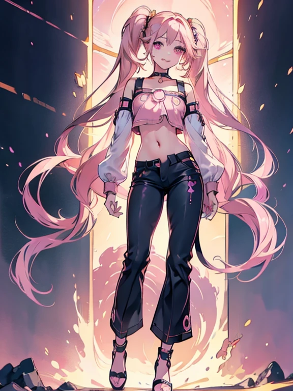 Twintails, golden and pink hair, pink cat eyes, whole body, standing figure, sparkling eyes, smile, choker, exposed belly button, pants, heels