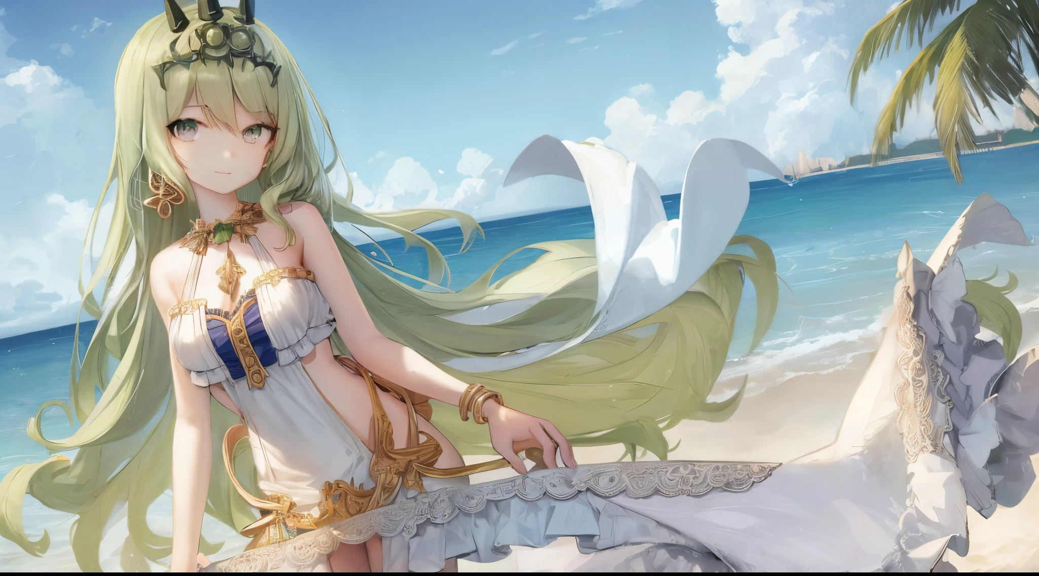 solo, 1girl, highres, green eyes, green hair, small breasts, looking at viewer, jewelry, crown, earring, lace, sundress, shawl, outdoor, beachside
