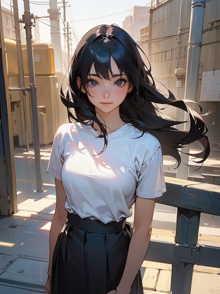 (1girl in:1.3), (Photorealistic:1.4), (masutepiece, of the highest quality, Best Quality, Official art), ighly detailed, highest details, (Ultra-detailed), ((extremely delicate and beautiful)), Cinematic Light, Contemporary, Silky long hair, (Black hair), she is walking down the street, in the evening, tshirts, Skirt, Upper body, Shy, Smile, (viewer&#39;s perspective:1.4), 23 years old