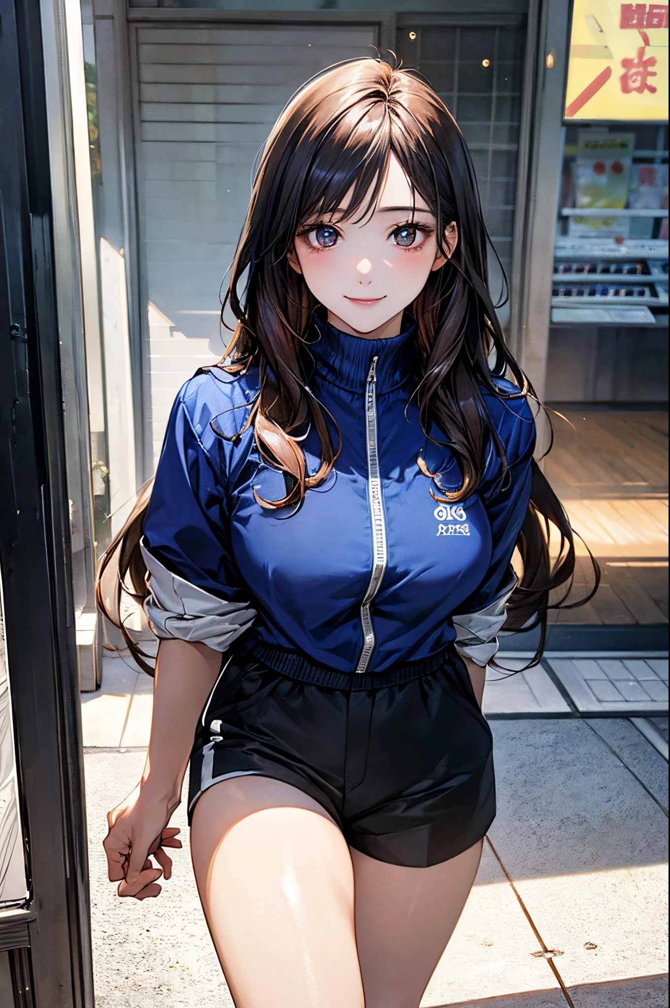 ((perfect anatomy, super detailed skin)), 1 girl, japanese, 14 years old, shiny skin, watching the view,
beautiful hair, beautiful face, beautiful detailed eyes, (long hair:1.4), (babyface), large breasts:0.5, seductive arms, seductive thighs,
((turtleneck, shorts, windbreaker)),
(smile), walking,
(beautiful scenery), convenience store,
(8k, top-quality, masterpiece:1.2, extremely detailed), (photorealistic), beautiful illustration, cinematic lighting,