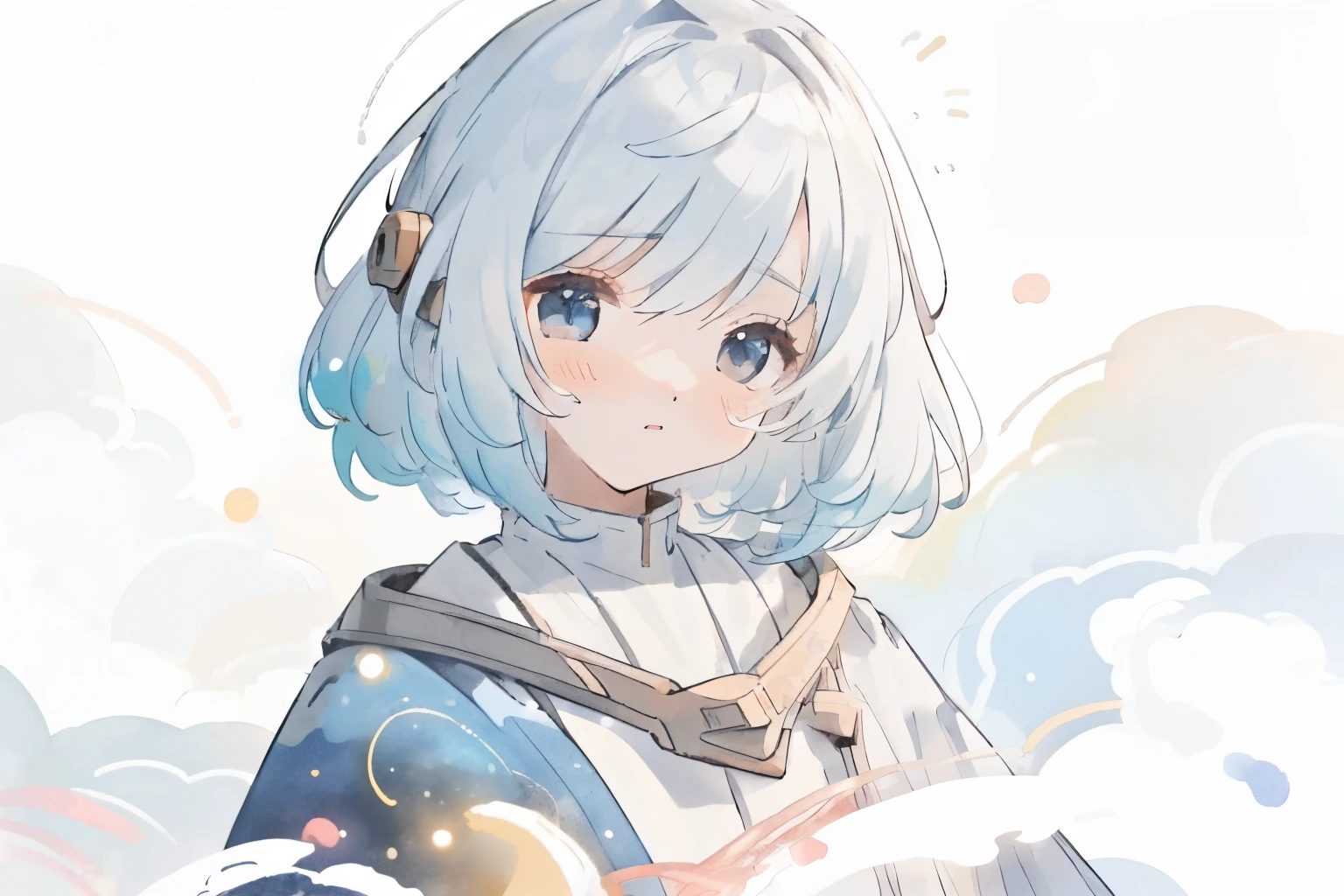 ((masterpiece)), (((best quality))), ((ultra-detailed)), ((illustration)),[realism light effect],shadow,(Fantasy style),(white background:1.6), simple background, (earth theme),( A Cloak) [(Hair Focus,((1girl)),[(Big Slime Hair): (Cloud Hair):0.3], (Hair on Background),(High Saturation),(Hair Surrounded by Galactic Splatter),)):( (Her hair is turning into a galactic cloud, :1.27628),(hair and clothes are galactic clouds and star clusters:1.1025),(cloak is turning into galactic clouds)(colorful_galaxy_print_clusters_of_stars_print:1.35),(detailed starry sky with colorful galaxies and galaxy clouds):1.2)):0.35], ((masterpiece))),((best quality))),((ultra-detailed)),(inset), (inset), ( Dynamic angles), ((floating)), (paint), ((loose hair)), ((beautiful detail face)), collar, off-the-shoulder, ((colored hair)), ((striped hair)), beautiful detailed eyes, (gradient eyes), ((colored eyes))), (colored background))), (high saturation))), ((surrounded by colored splashes))), ((surrounded by colored dots))), ((surrounded by colored dots))), colored bubbles, ((shiny)), cute