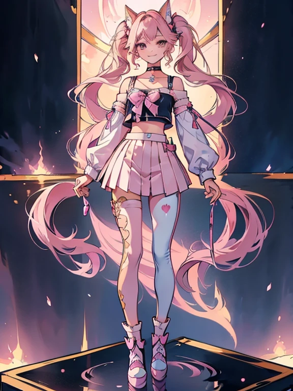 Twin-tailed, golden and pink hair, pink cat eyes, Whole body, Standing figure, a smile, a choker, exposed navels, Pants, Heel Shoes