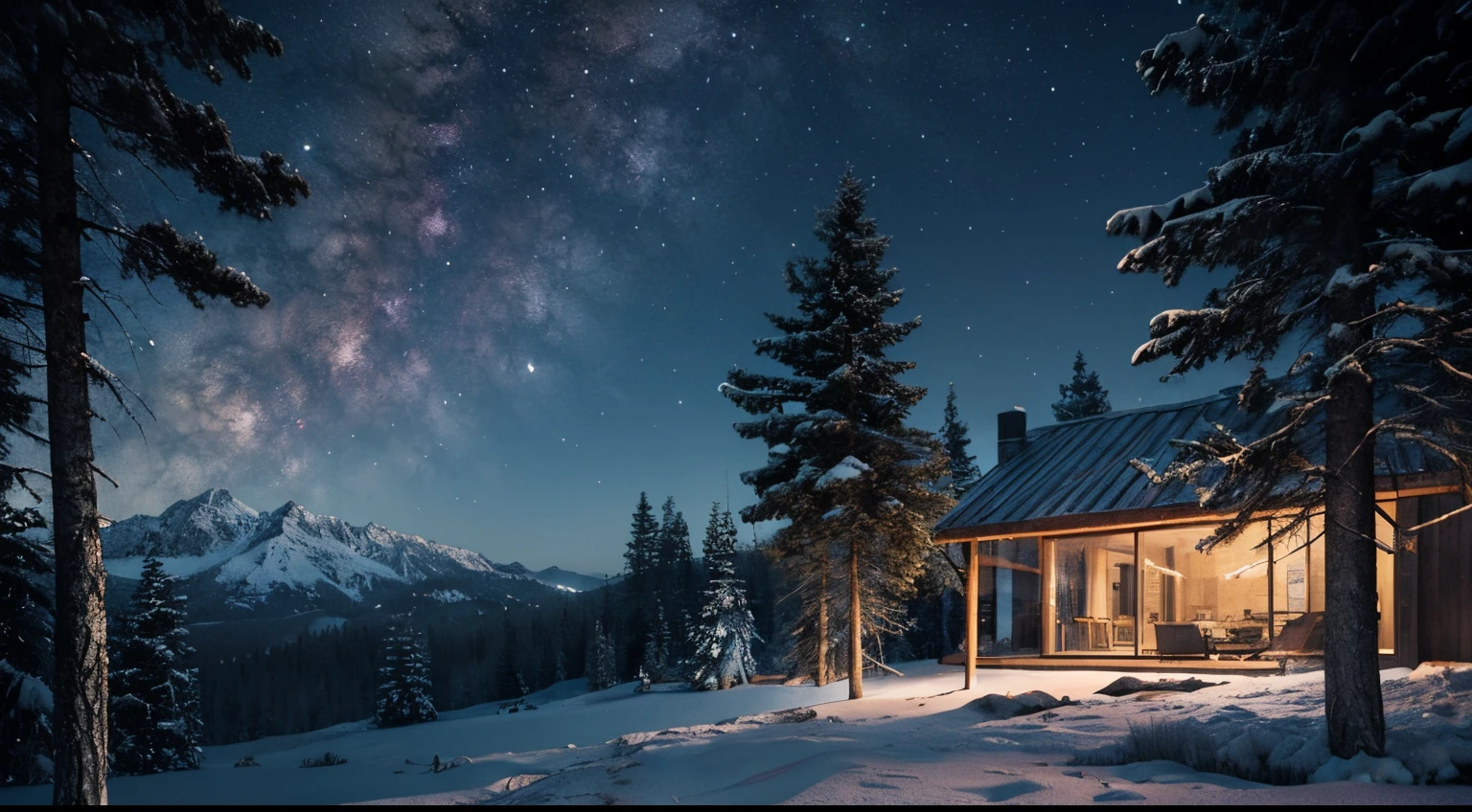 wide angle, landscape, 4k ultra-detailed, best quality, cinematic shot, masterpiece:1.3, photorealistic:1.3, other world, mystical atmosphere, low exposure, starry night, serene view, breathtaking nature, wooden cabin in woods, tranquil setting, cool breeze, ethereal beauty, (peaceful night ambience)