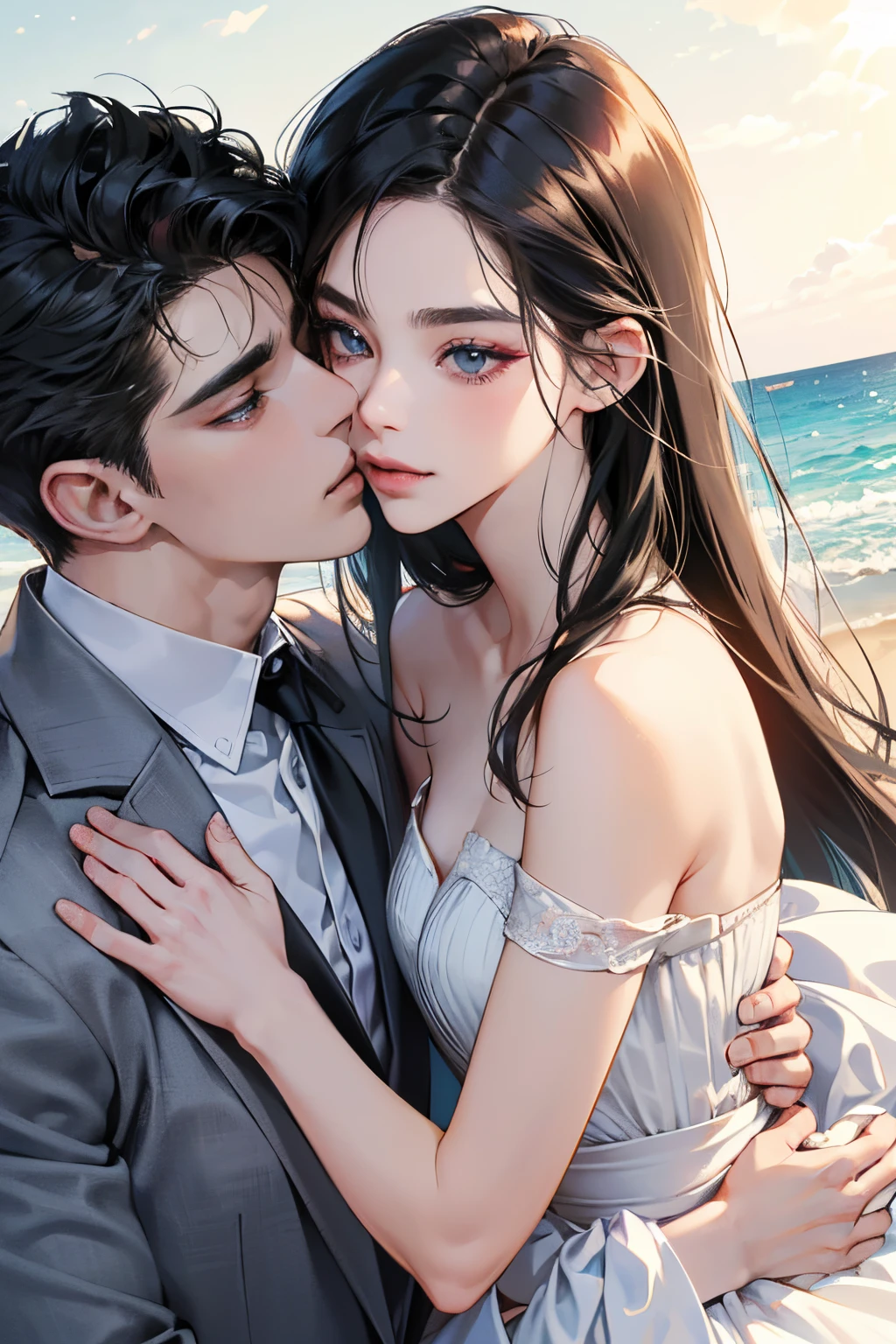 (masutepiece, Digital Art, Digital Illustration, 4K, 8K, Ultra-detailed, beautiful image, Sharp Image, Photorealistic, Raw photo, Perfect face, Perfect lines, Perfect eyes, Soft lighting) ,1 woman, (Long Black Hair,straight haired,Bullish gaze,Beautie,ellegance,Solid makeup,23 y-o woman,small tits:1.3),two handsome men in suits, (ember,well-muscled,Firm shoulder width,Adult male,Boyish hairstyle,English gentlemanly style,Man in his 30s with a cool expression,28-year-old man with bright smile:1.2),Show white teeth and smile(embarrassed from,Shy smile:1.1),shores,Beach,beach wedding、innocent smiles,Laugh、couple kissing、kiss、the kiss、Romance、weddingdress、wedding、seaside chapel