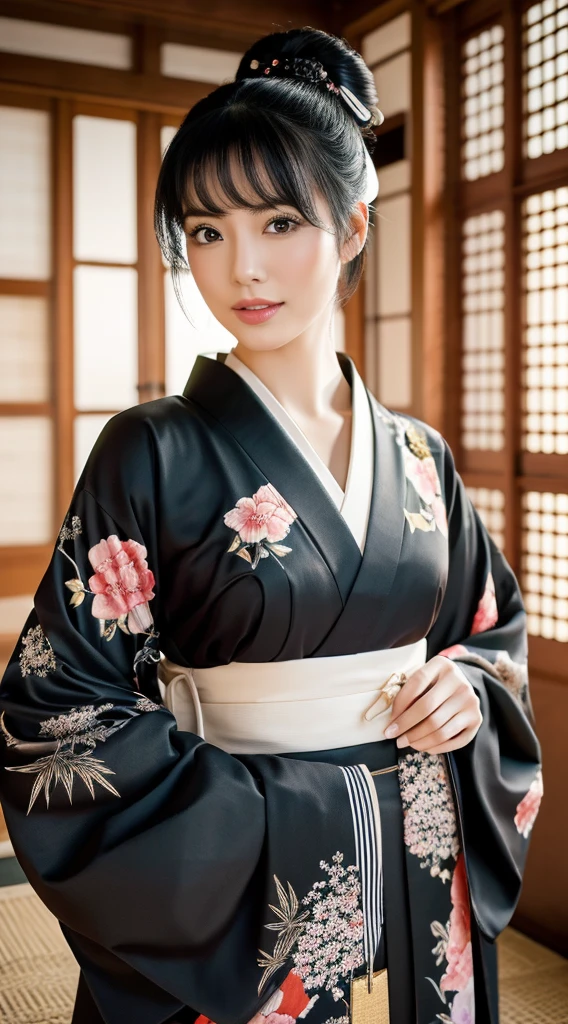 Best Quality, masutepiece, 超A high resolution, (Photorealistic:1.4), Raw photo, One bewitching woman, Kimono beauty with a crane pattern, gros-plan, Looking at Viewer, castle town, Black hair tied up,Beautiful photos,is beautiful,fullbody image,
