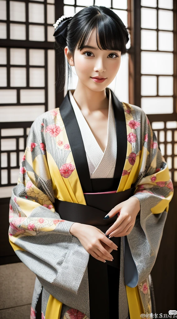 Best Quality, masutepiece, 超A high resolution, (Photorealistic:1.4), Raw photo, One bewitching woman, Kimono beauty with a crane pattern, gros-plan, Looking at Viewer, castle town, Black hair tied up,Beautiful photos,is beautiful,fullbody image,