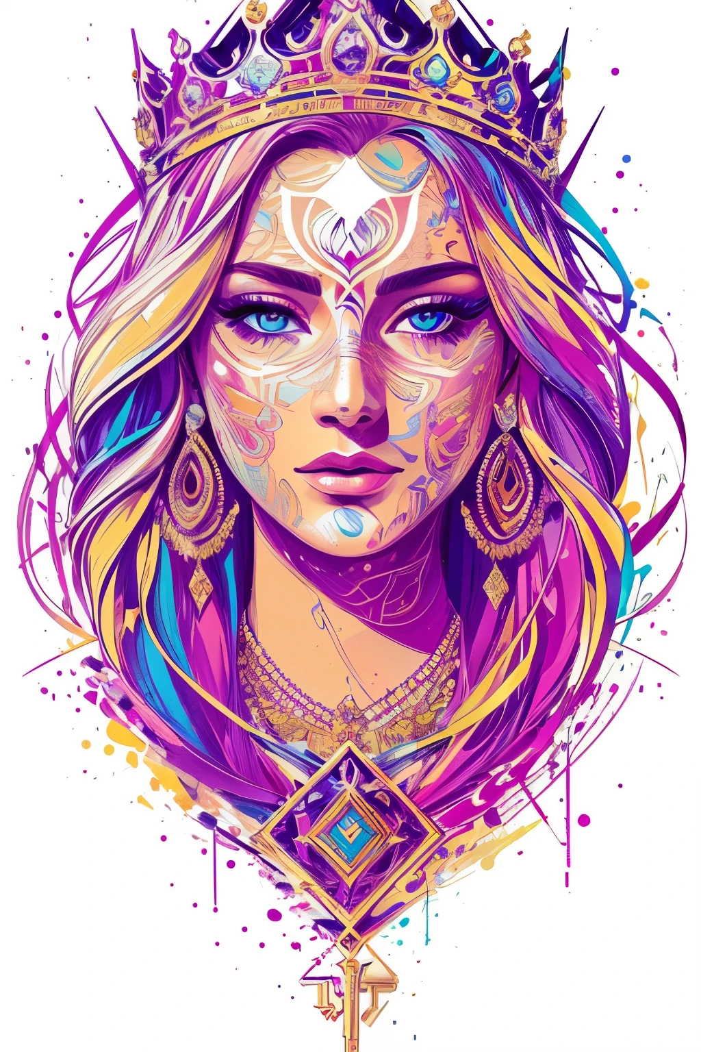 Highly detailed, High Quality, Masterpiece, beautiful, FISideRight, 1girl, solo, ((best quality)), ((masterpiece)), (detailed), perfect face, abstract beauty, Create a digital art work in pop art style, luxury elegance bold with hint of feminine, happy & youthful, authentic, brave, princess wearing crown, purple and gold, centered, key visual, intricate, highly detailed, breathtaking beauty, precise lineart, vibrant, comprehensive cinematic, Carne Griffiths, Conrad Roset, vector art, Colorful graffiti illustration, (the most beautiful portrait in the world:1.5)