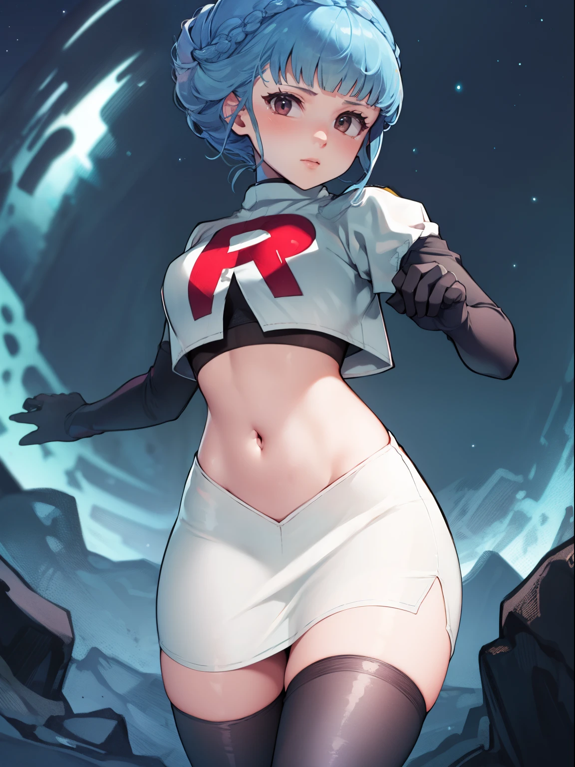 marianne_hopes, team rocket uniform, red letter R, white skirt,white crop top,black thigh-high boots, black elbow gloves, looking at viewer, cowboy shot, sexy pose, night sky background