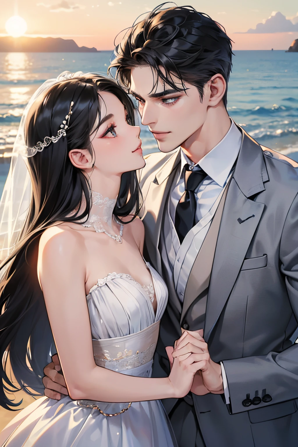 (masutepiece, Digital Art, Digital Illustration, 4K, 8K, Ultra-detailed, beautiful image, Sharp Image, Photorealistic, Raw photo, Perfect face, Perfect lines, Perfect eyes, Soft lighting) ,1 woman, (Long Black Hair,straight haired,Bullish gaze,Beautie,ellegance,Solid makeup,23 y-o woman,small tits:1.3),Two handsome men in suits, (ember,well-muscled,Firm shoulder width,Adult male,Boyish hairstyle,English gentlemanly style,Man in his 30s with a cool expression,28-year-old man with bright smile:1.2),Show white teeth and smile(embarrassed from,Shy smile:1.1),shores,Beach,beach wedding、innocent smiles,Laugh、couple kissing、kiss、the kiss、Romance、weddingdress、Wedding、seaside chapel、Veil
