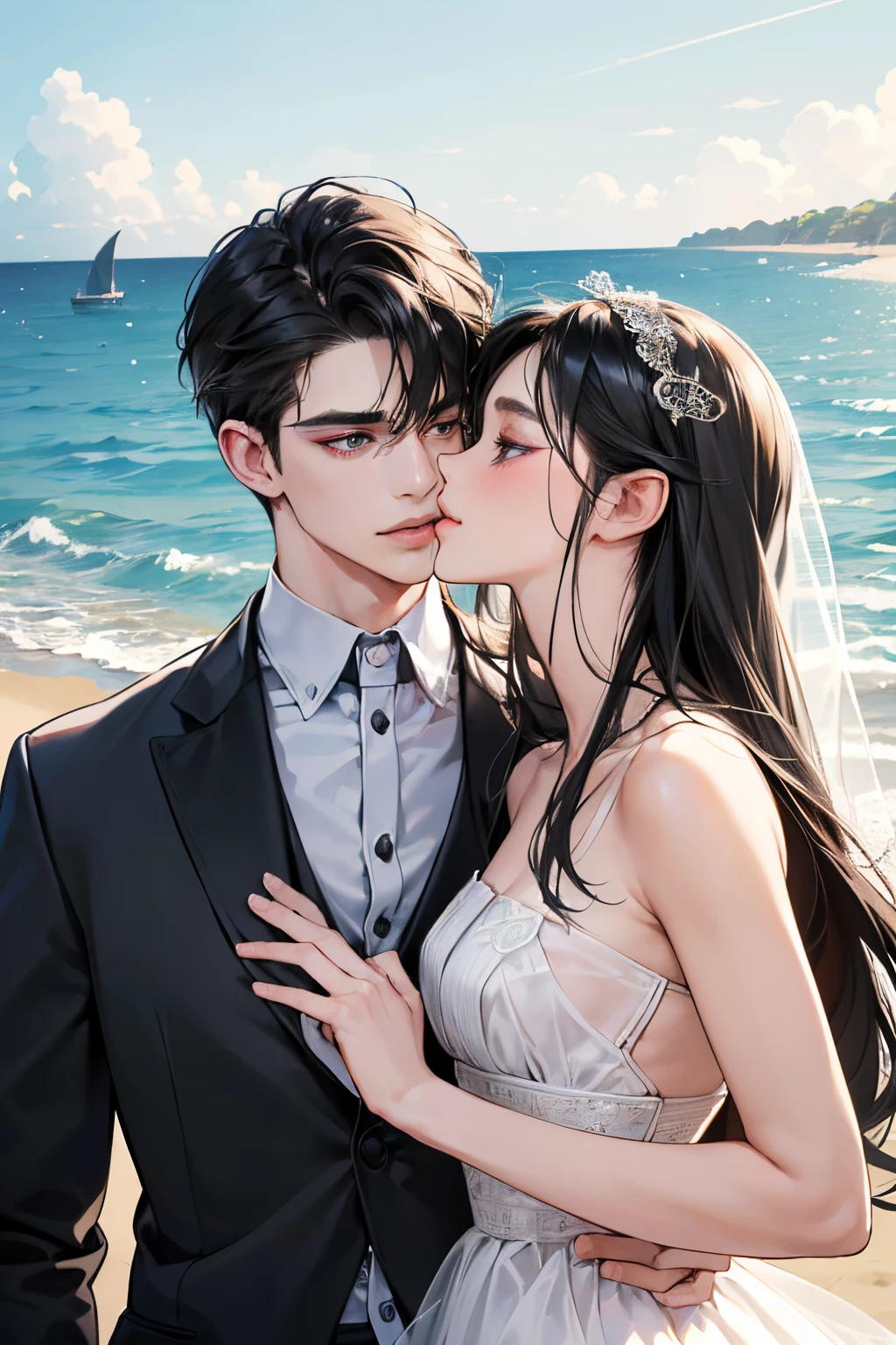 (masutepiece, Digital Art, Digital Illustration, 4K, 8K, Ultra-detailed, beautiful image, Sharp Image, Photorealistic, Raw photo, Perfect face, Perfect lines, Perfect eyes, Soft lighting) ,1 woman, (Long Black Hair,straight haired,Bullish gaze,Beautie,ellegance,Solid makeup,23 y-o woman,small tits:1.3),Two handsome men in suits, (ember,well-muscled,Firm shoulder width,Adult male,Boyish hairstyle,English gentlemanly style,Man in his 30s with a cool expression,28-year-old man with bright smile:1.2),Show white teeth and smile(embarrassed from,Shy smile:1.1),shores,Beach,beach wedding、innocent smiles,Laugh、couple kissing、kiss、the kiss、Romance、weddingdress、Wedding、seaside chapel、Veil