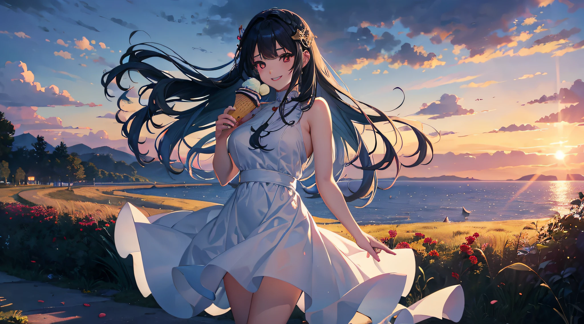masutepiece, Ultra Detail, Hyper-Resolution, Highest Quality, 1 female ((Solo, mideum breasts, narrow waists, High resolution bright smile, Parted lips, Aquamarine medium long hair, Red Eye, lightly dressed, Rim lighting, No extra fingers, No extra arms, No extra legs, having a ice cream)), Background((rural landscape at sunset, Windy, close up)), 8K Wallpaper, Anime.